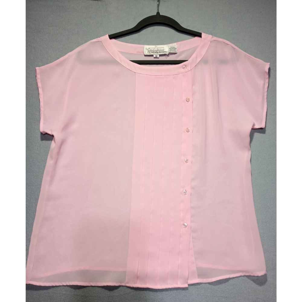 Vintage Lady Arrow Pink Sheer Blouse Womens 14 Short Sleeve Button Accent Top